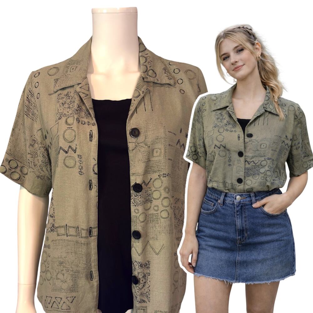 Abstract Green Button Up Layered Blouse 1X Grunge Gallery Vtg 90s Gloria Lance